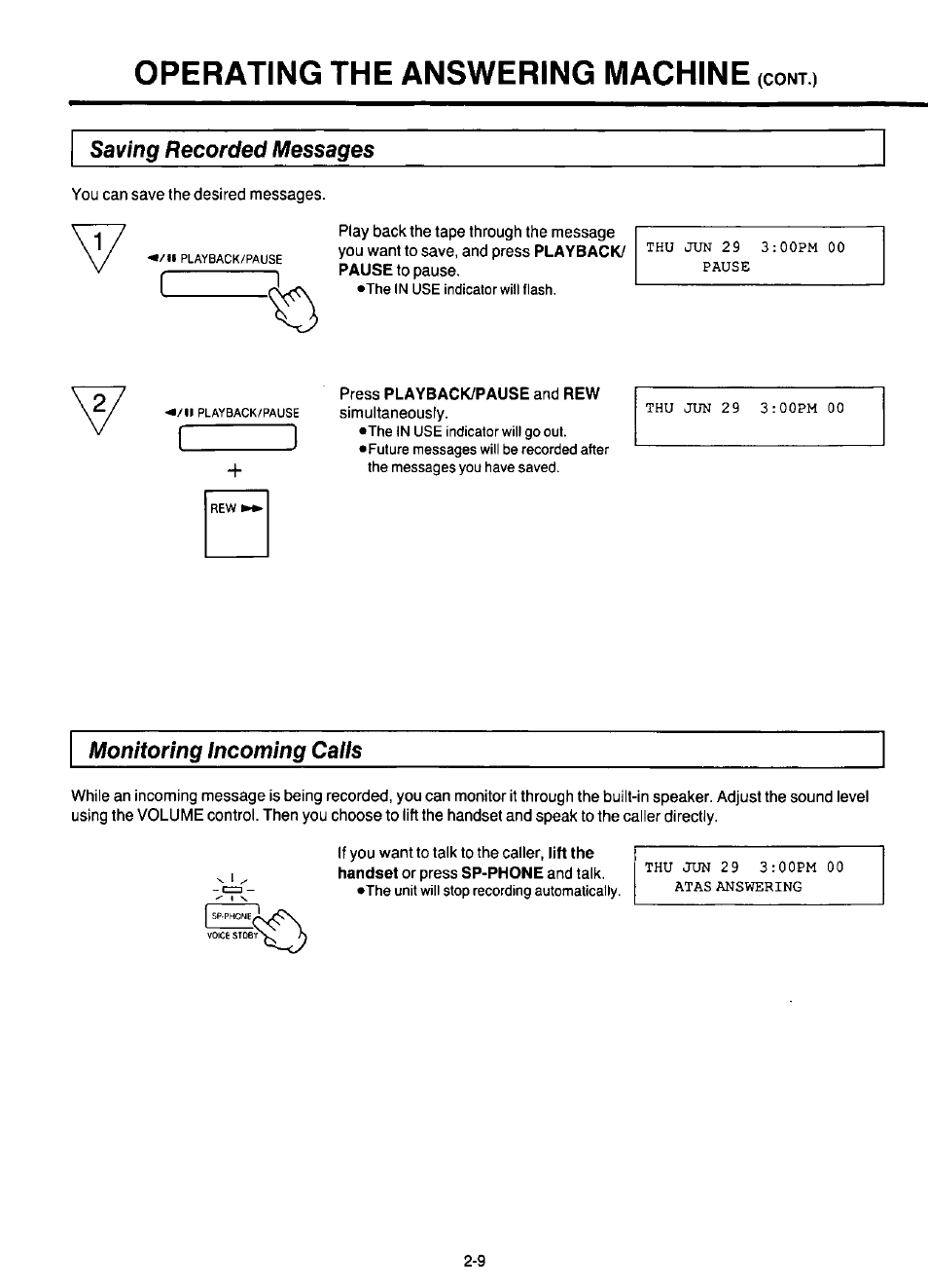 Saving recorded messages, Monitoring incoming calls, Operating the answering machine | Panasonic KX-F220 User Manual | Page 96 / 132