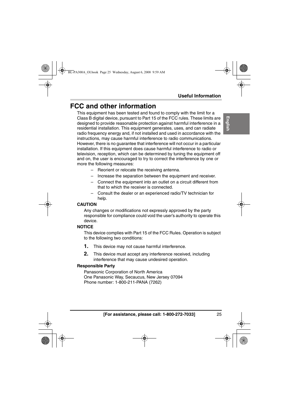 Fcc and other information | Panasonic BL-PA300A User Manual | Page 25 / 56