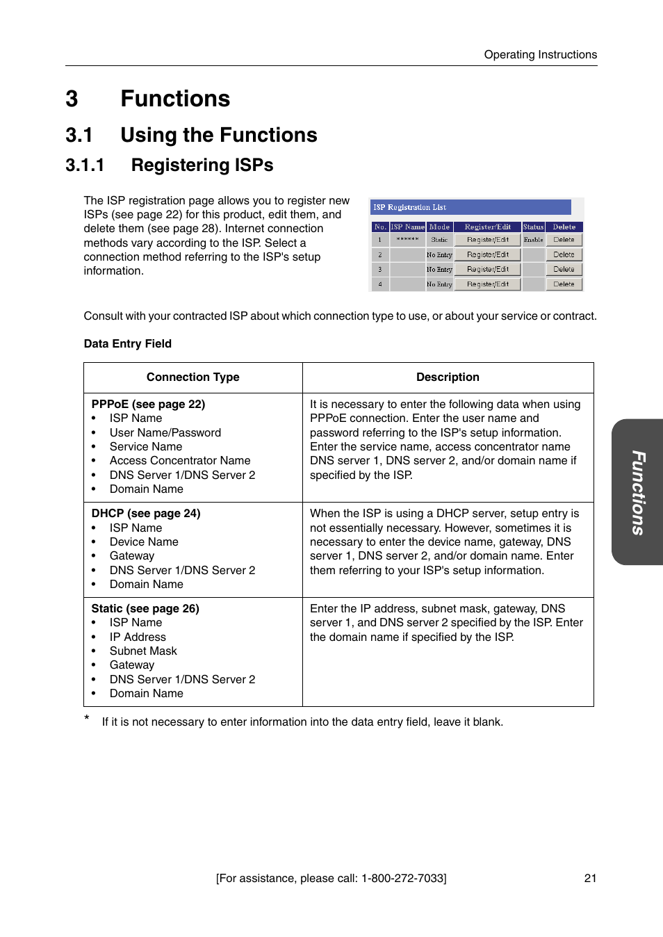 3 functions, 1 using the functions, 1 registering isps | 21 on, 3functions, Functions | Panasonic BBHGW700A User Manual | Page 21 / 142