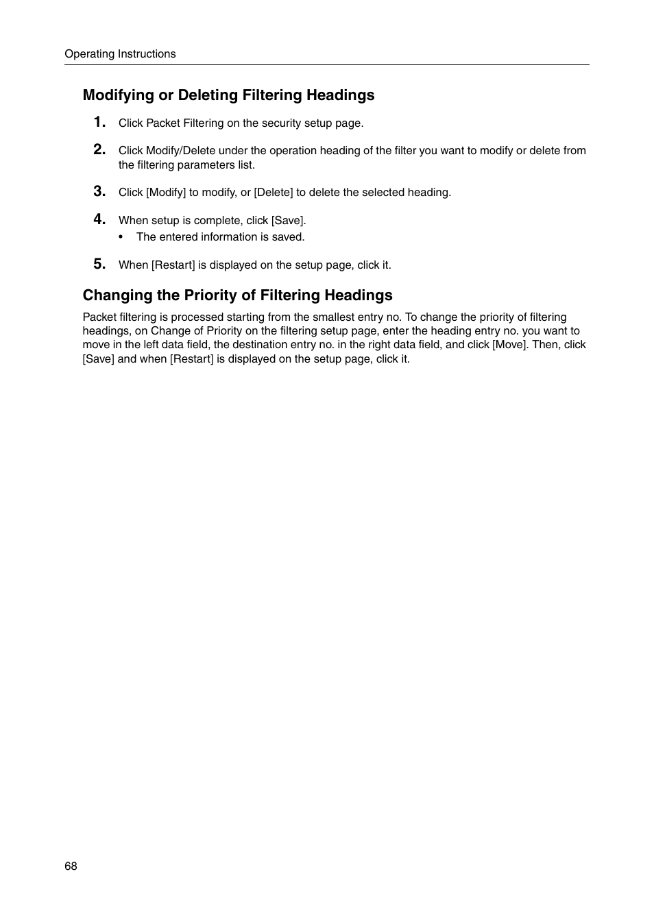 Modifying or deleting filtering headings 1, Changing the priority of filtering headings | Panasonic BBHGW700A User Manual | Page 68 / 142