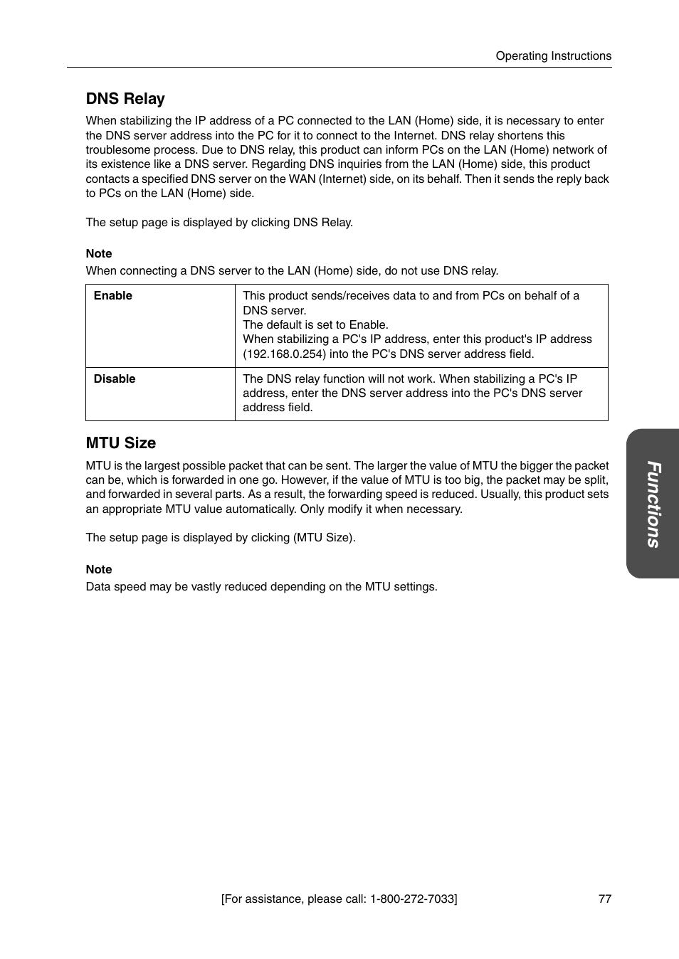 Dns relay, Mtu size, Functions | Panasonic BBHGW700A User Manual | Page 77 / 142