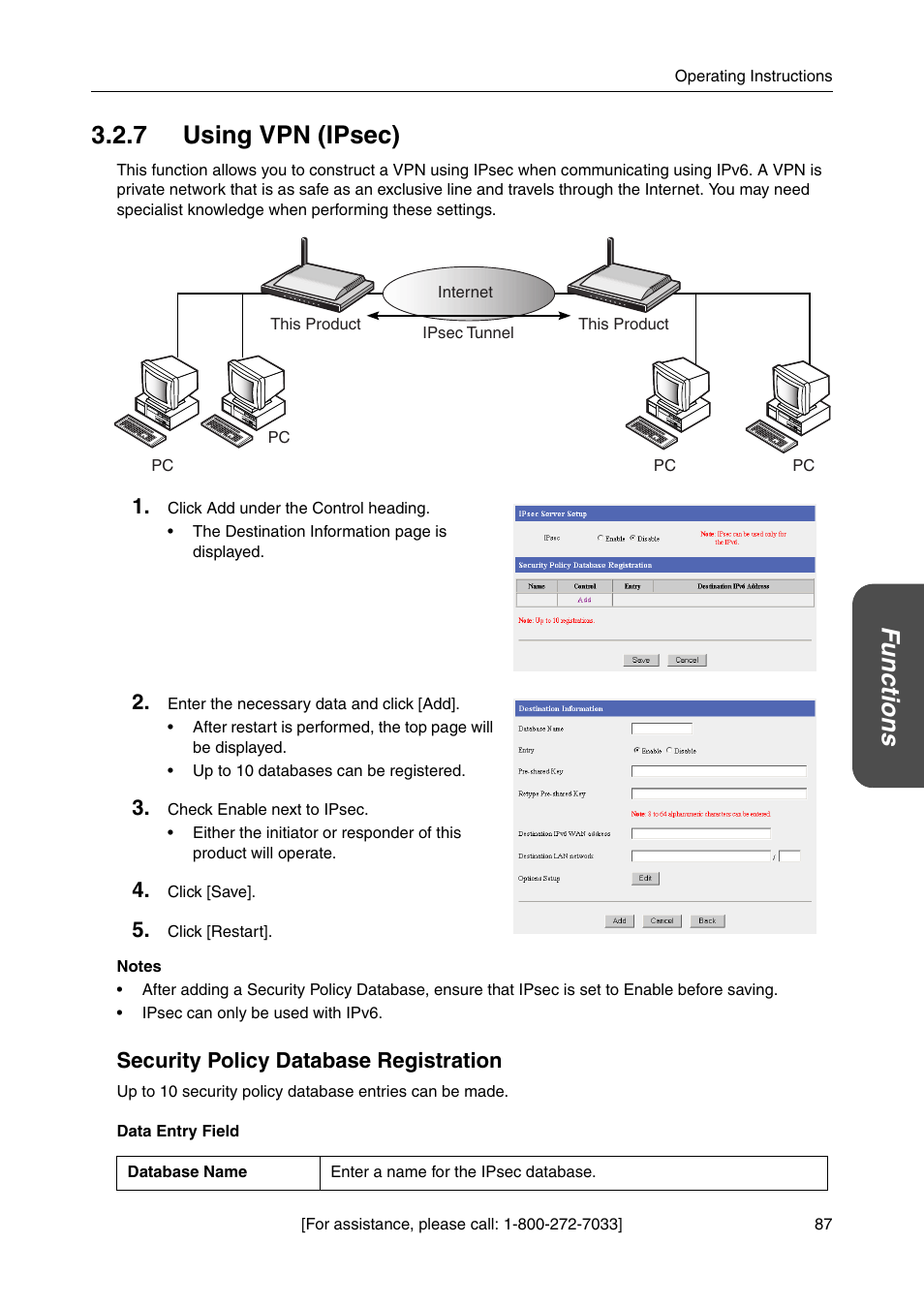 7 using vpn (ipsec), Functions 3.2.7 using vpn (ipsec), Security policy database registration | Panasonic BBHGW700A User Manual | Page 87 / 142