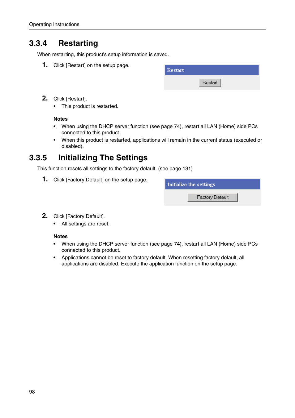 4 restarting, 5 initializing the settings, 4 restarting 3.3.5 initializing the settings | Es 98 | Panasonic BBHGW700A User Manual | Page 98 / 142