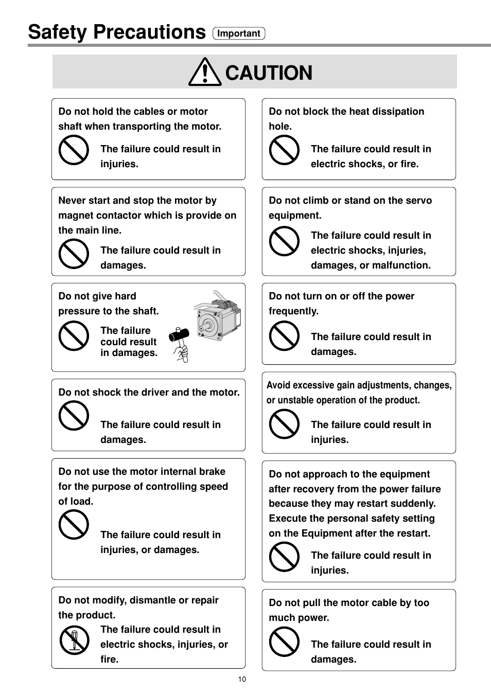 Safety precautions, Caution | Panasonic MINAS E-series User Manual | Page 10 / 216