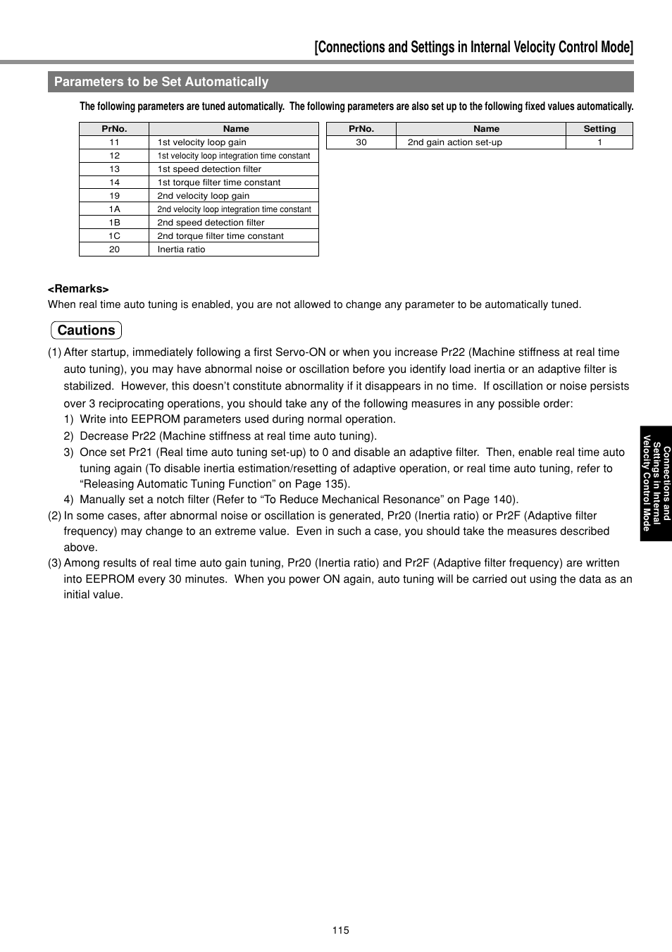 Parameters to be set automatically, Cautions | Panasonic MINAS E-series User Manual | Page 115 / 216