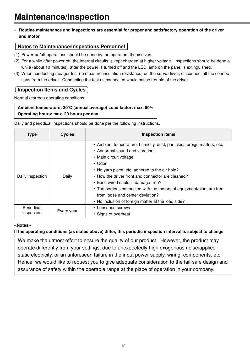 Maintenance/inspections, Maintenance/inspection | Panasonic MINAS E-series User Manual | Page 12 / 216