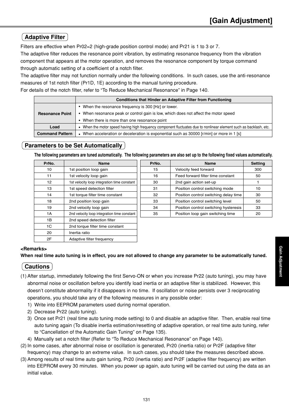 Gain adjustment, Adaptive filter, Cautions | Parameters to be set automatically | Panasonic MINAS E-series User Manual | Page 131 / 216