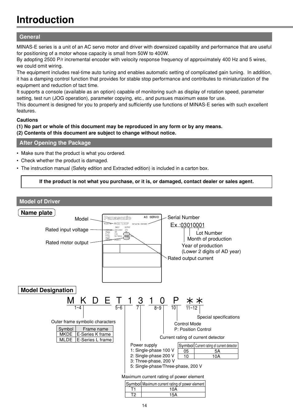 Introduction, General, After opening the package | Model of driver | Panasonic MINAS E-series User Manual | Page 14 / 216