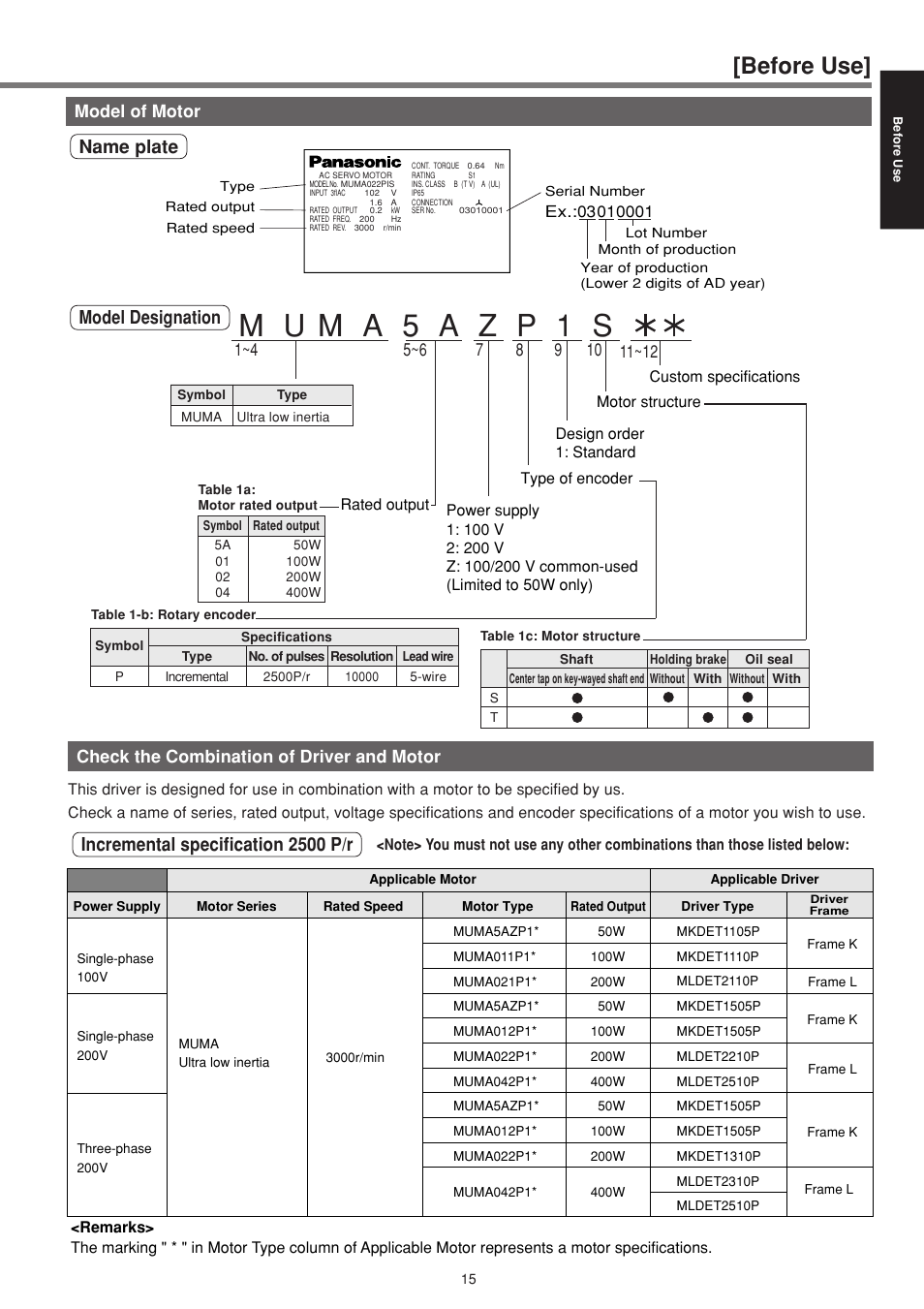 Before use, Model designation, Name plate | Incremental specification 2500 p/r, Model of motor, Check the combination of driver and motor | Panasonic MINAS E-series User Manual | Page 15 / 216