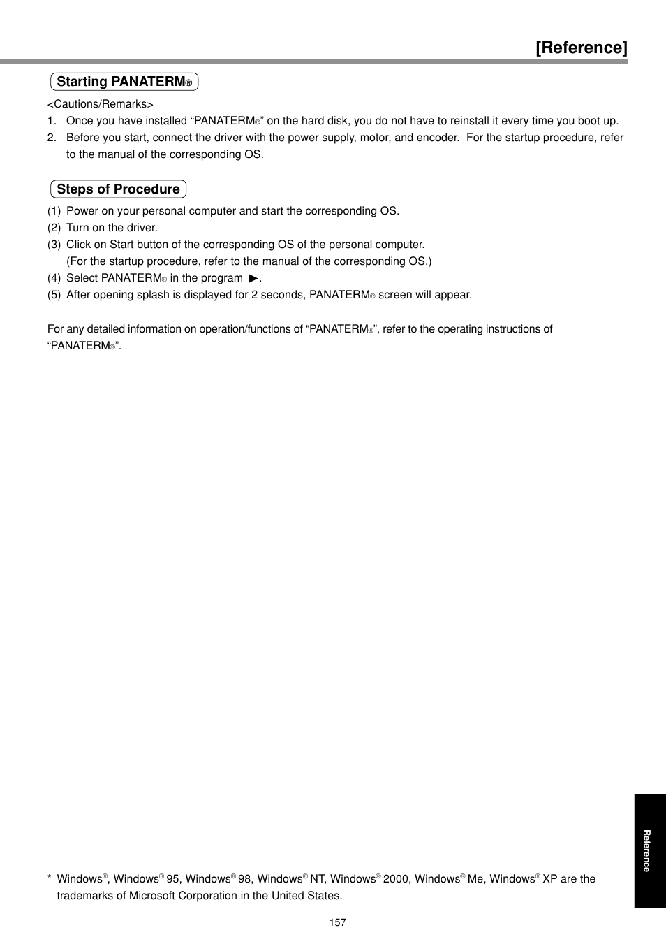 Reference, Starting panaterm, Steps of procedure | Panasonic MINAS E-series User Manual | Page 157 / 216