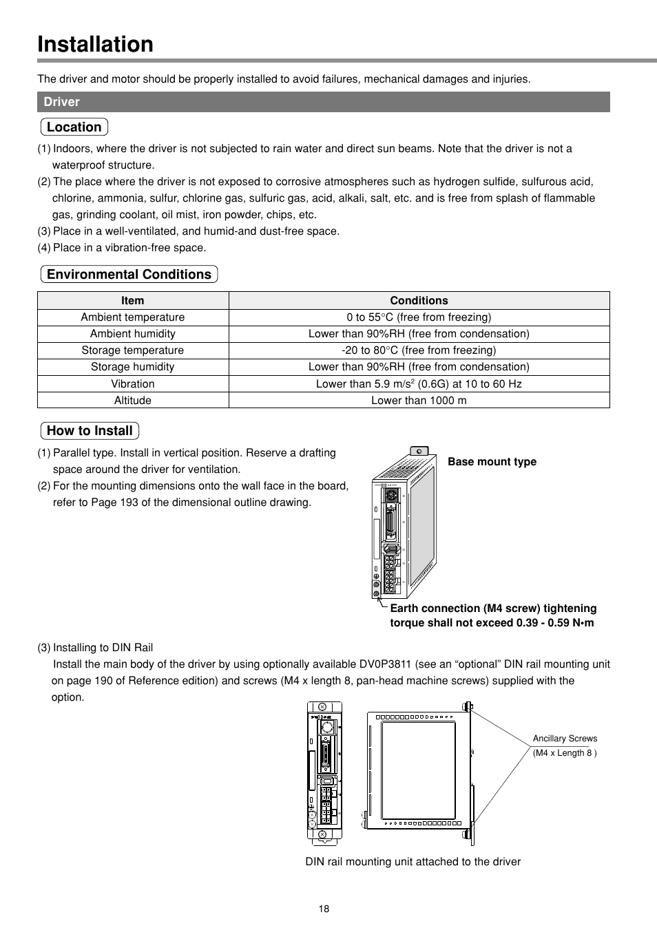 Installation, Driver, Location | Environmental conditions how to install | Panasonic MINAS E-series User Manual | Page 18 / 216