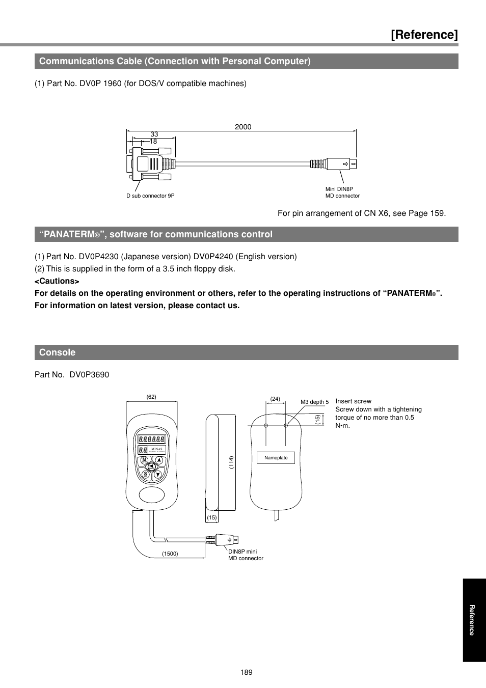 Reference, Panaterm, Software for communications control | Console, For pin arrangement of cn x6, see page 159 | Panasonic MINAS E-series User Manual | Page 189 / 216