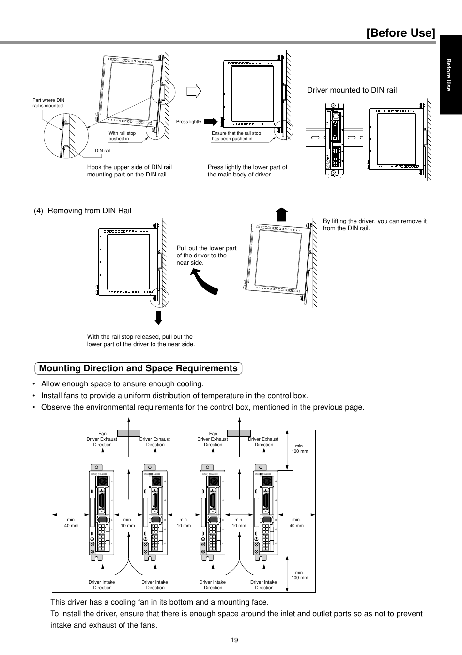 Before use, Mounting direction and space requirements | Panasonic MINAS E-series User Manual | Page 19 / 216