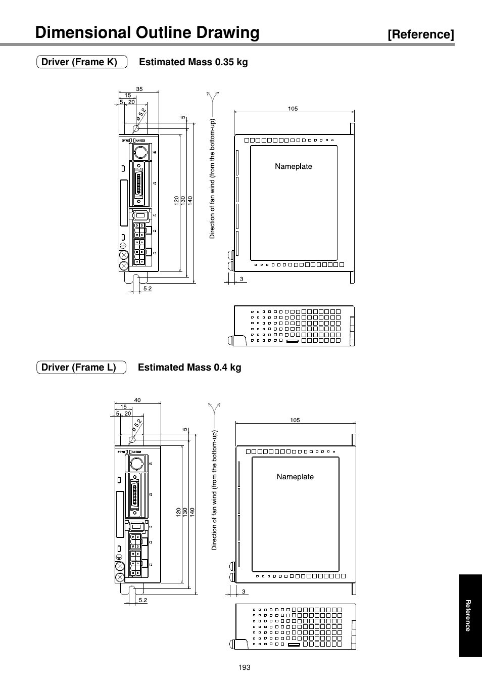 Dimensional outline drawing (driver), Dimensional outline drawing, Reference | Panasonic MINAS E-series User Manual | Page 193 / 216