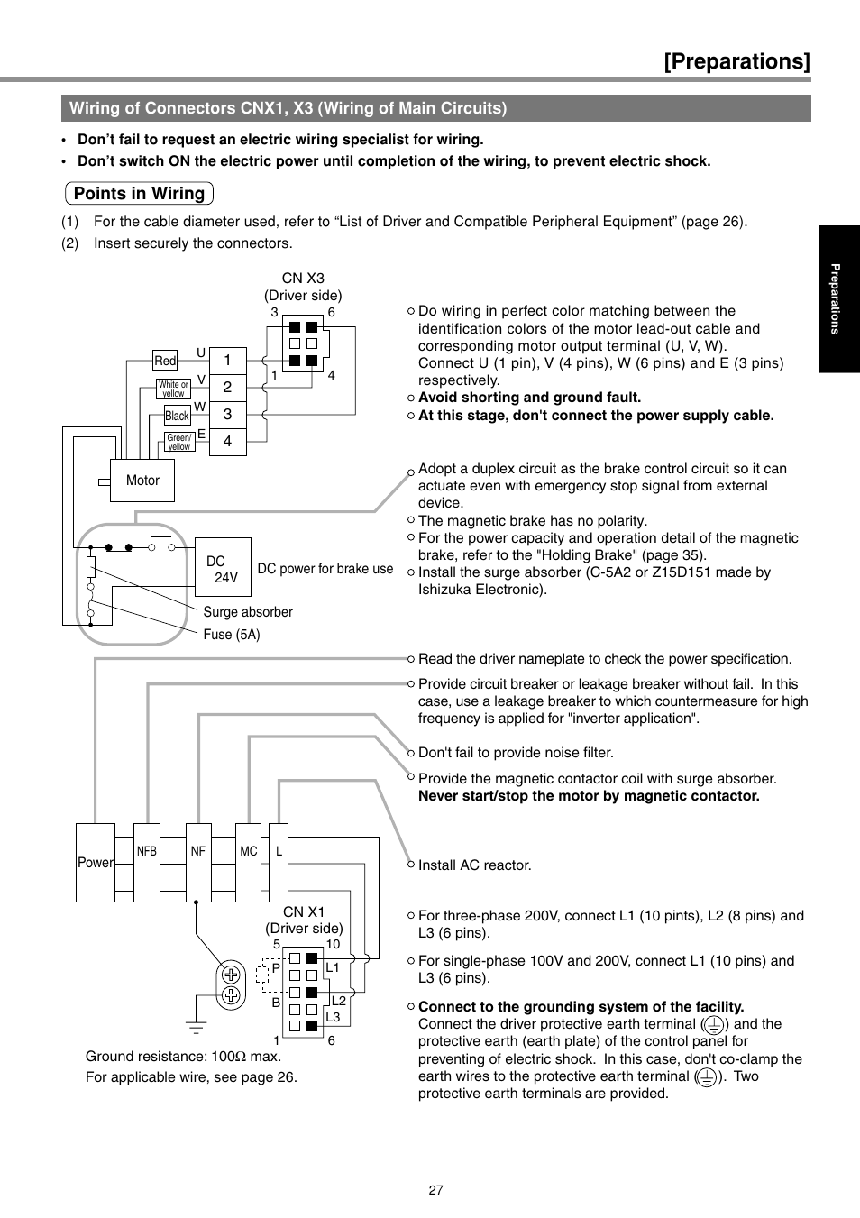 Preparations, Points in wiring | Panasonic MINAS E-series User Manual | Page 27 / 216