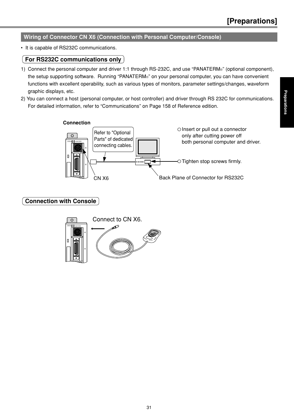 Preparations, For rs232c communications only, Connection with console | Connect to cn x6, Connection, It is capable of rs232c communications | Panasonic MINAS E-series User Manual | Page 31 / 216