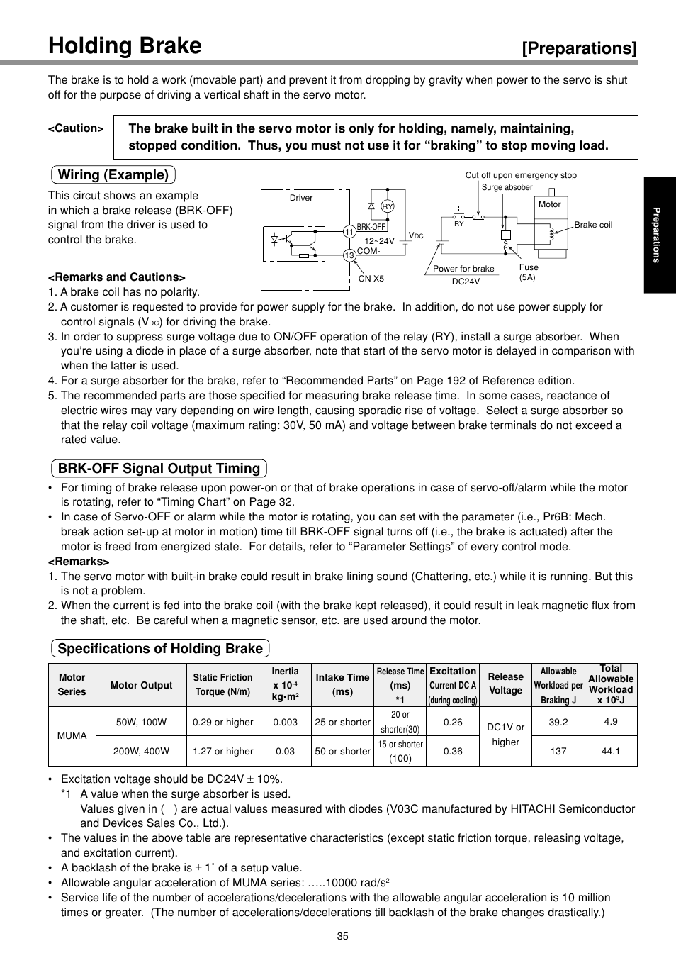 Holding brake, Preparations, Brk-off signal output timing | Wiring (example), Specifications of holding brake | Panasonic MINAS E-series User Manual | Page 35 / 216