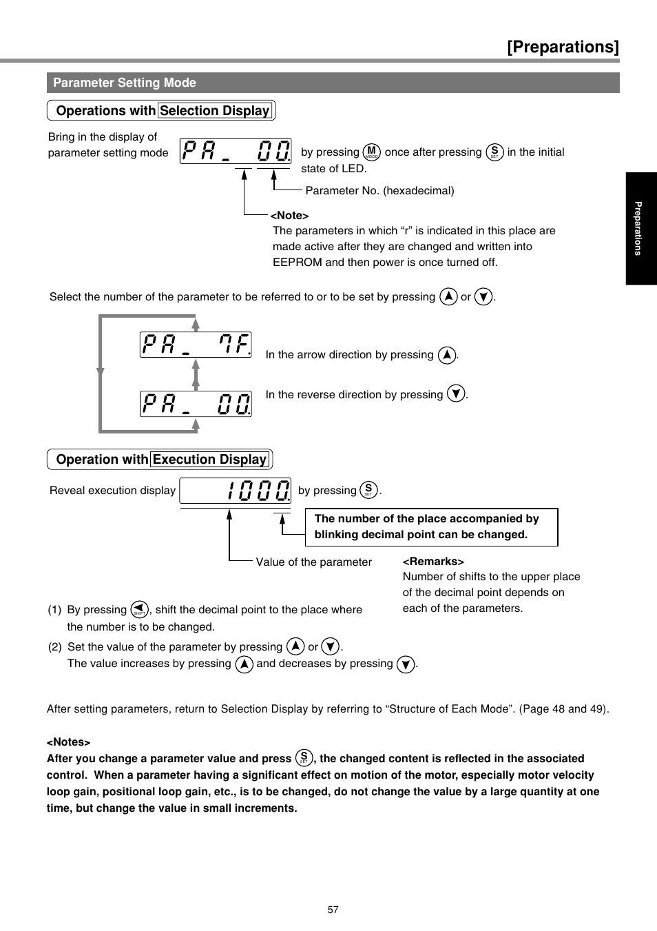 Parameter setting mode, Preparations | Panasonic MINAS E-series User Manual | Page 57 / 216