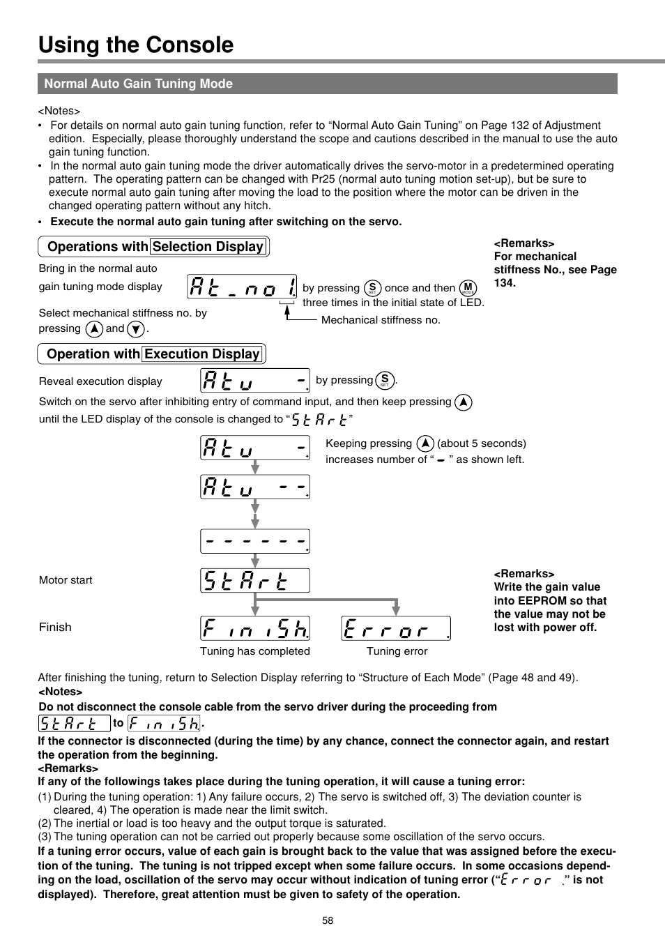 Normal auto gain tuning mode, Using the console | Panasonic MINAS E-series User Manual | Page 58 / 216