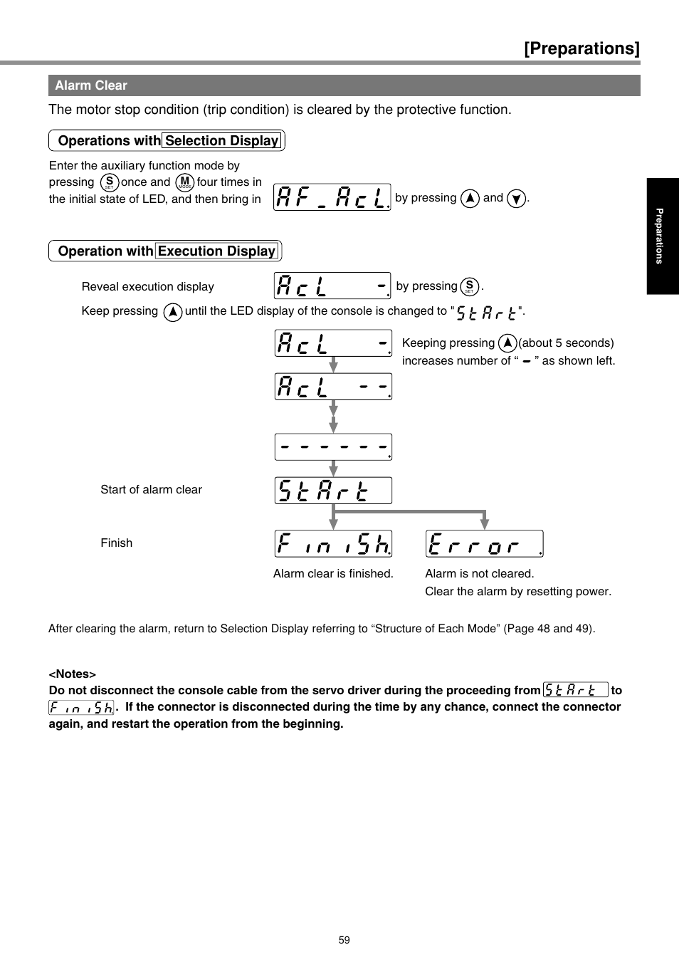 Alarm clear, Preparations | Panasonic MINAS E-series User Manual | Page 59 / 216