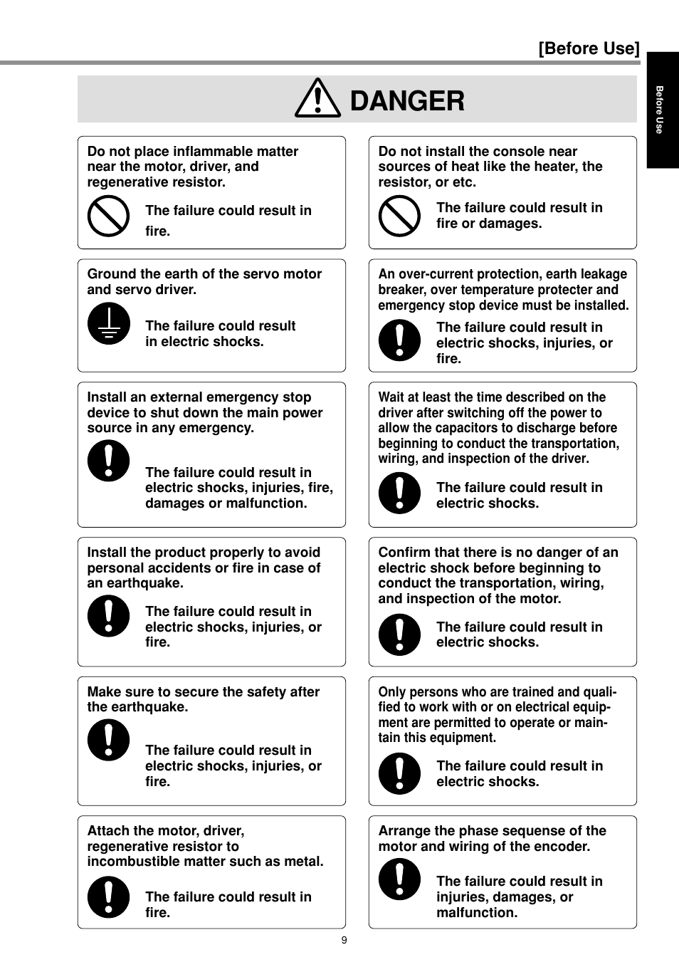 Danger, Before use | Panasonic MINAS E-series User Manual | Page 9 / 216