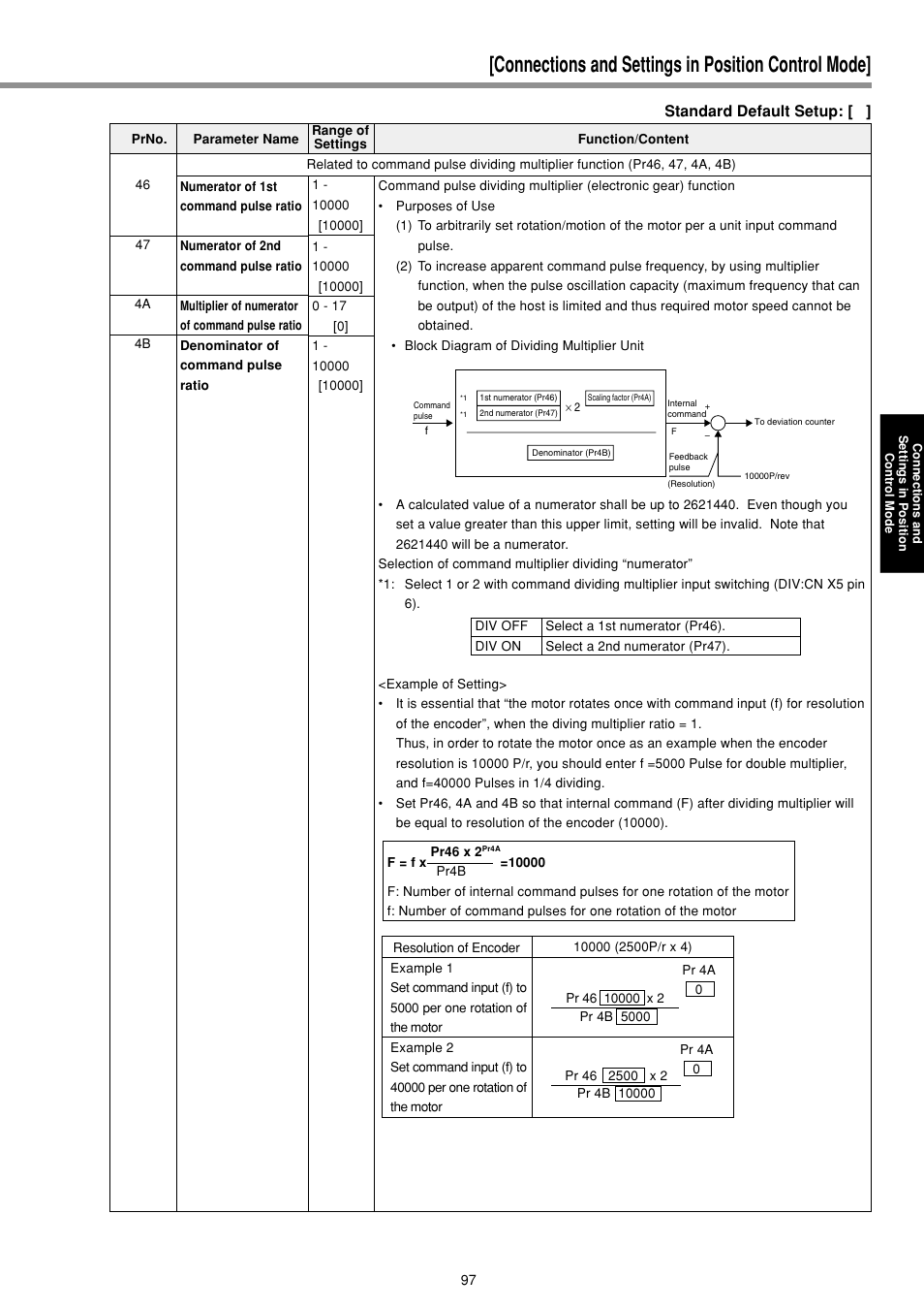 Connections and settings in position control mode, Standard default setup | Panasonic MINAS E-series User Manual | Page 97 / 216