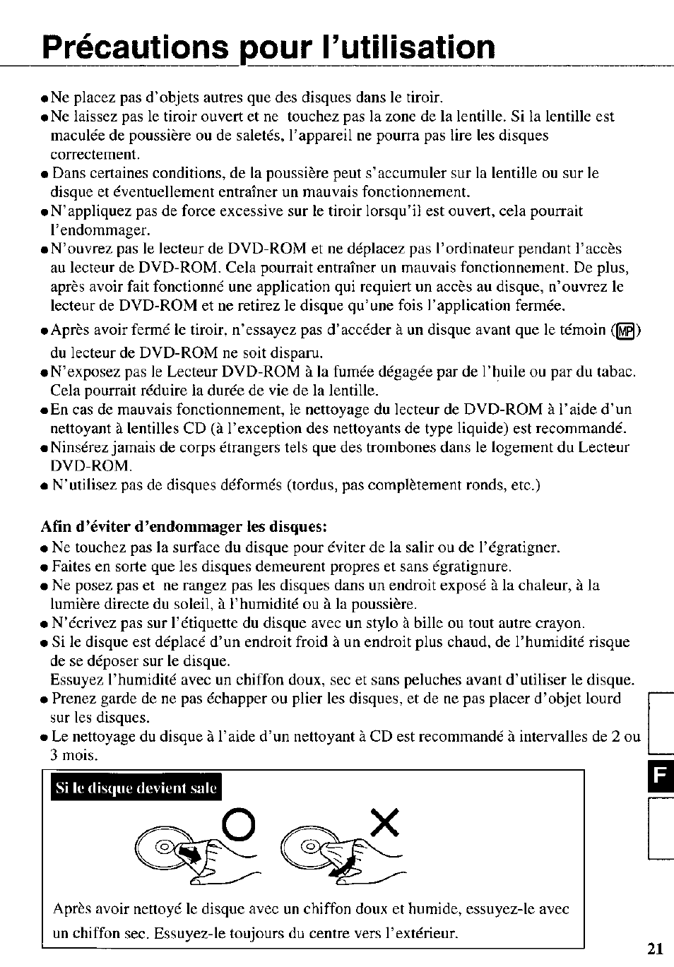 Précautions pour rutilisation, Précautions pour l’utilisation | Panasonic CF-VDD272 User Manual | Page 21 / 28