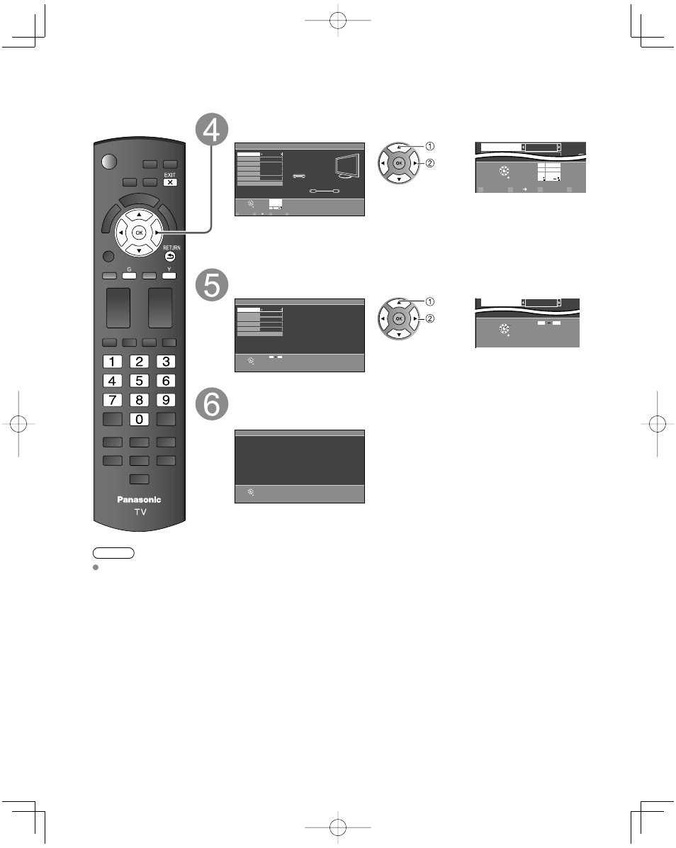 First time setup, Continued), Select the input labels (label inputs) | Adjust the clock (set clock), Complete the first time setup, Select next then press ok to go to next step, Pqrs, Wxyz, Last, Select set | Panasonic TC-L32C22 User Manual | Page 14 / 52