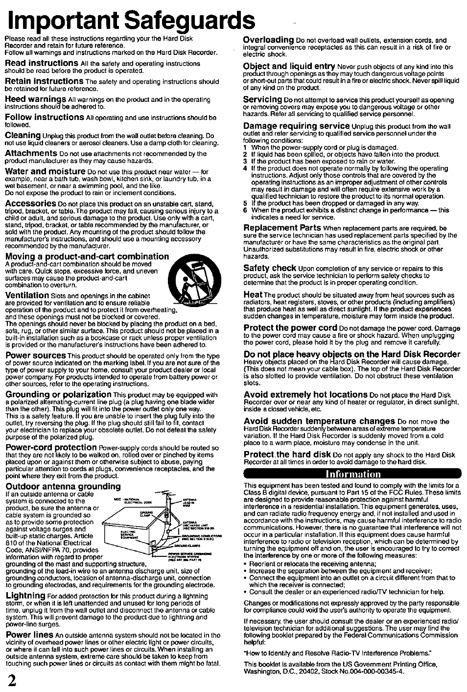 Important safeguards, Infurmution | Panasonic PV-HS1000 User Manual | Page 2 / 62