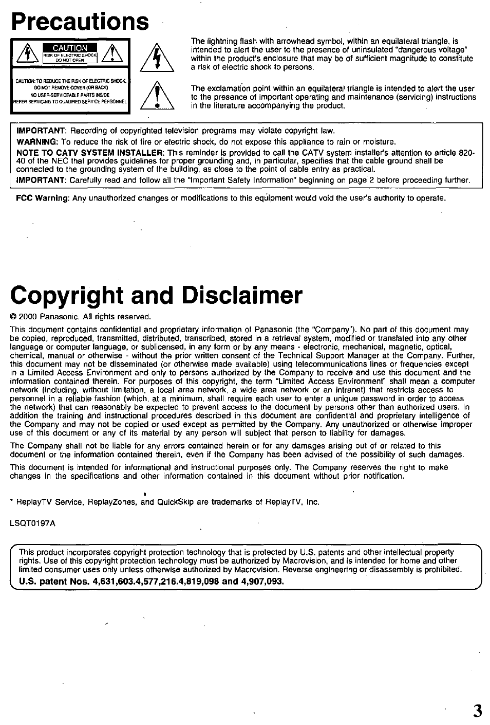 Precautions, Copyright and disclaimer | Panasonic PV-HS1000 User Manual | Page 3 / 62