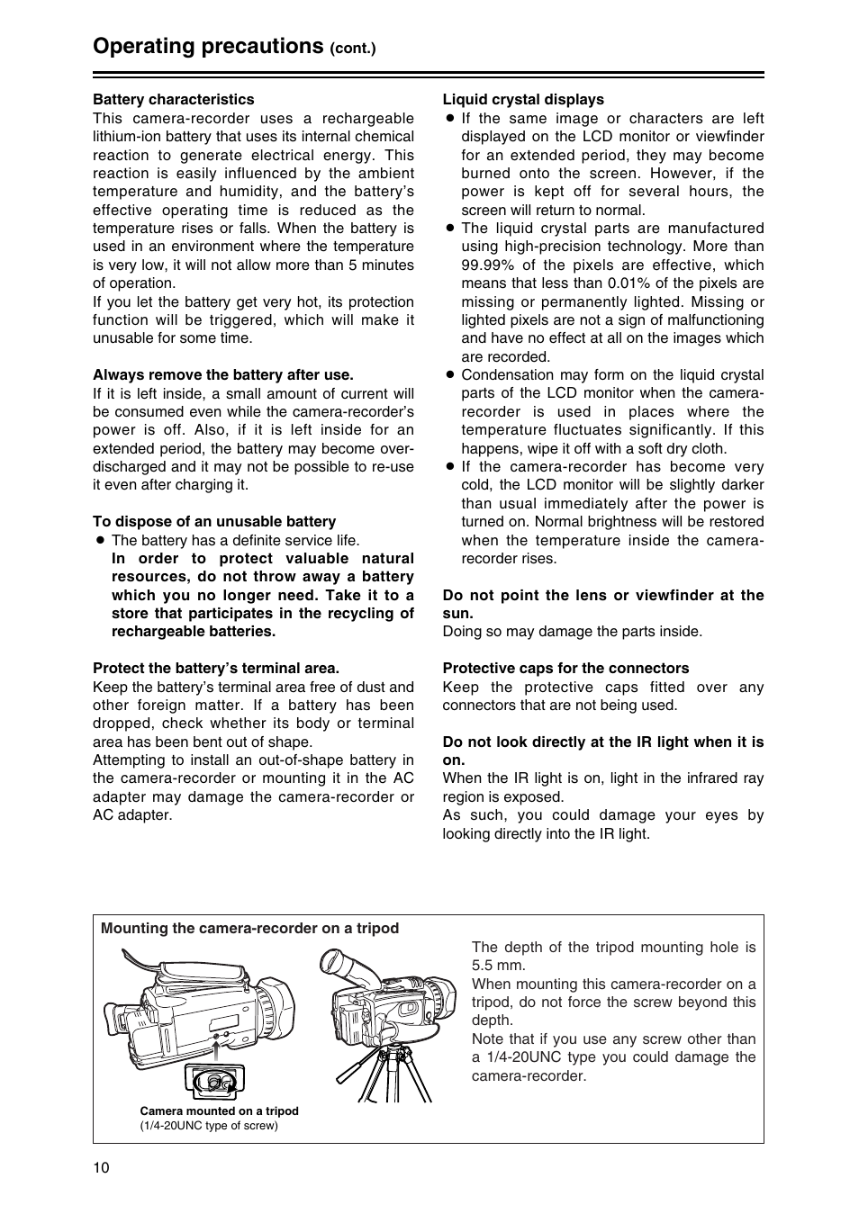 Operating precautions | Panasonic AG-DVC30P User Manual | Page 10 / 88