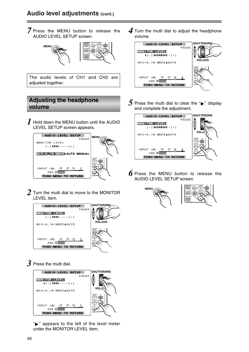 Adjusting the headphone volume, Audio level adjustments, Cont.) | Turn the multi dial to adjust the headphone volume | Panasonic AG-DVC30P User Manual | Page 48 / 88