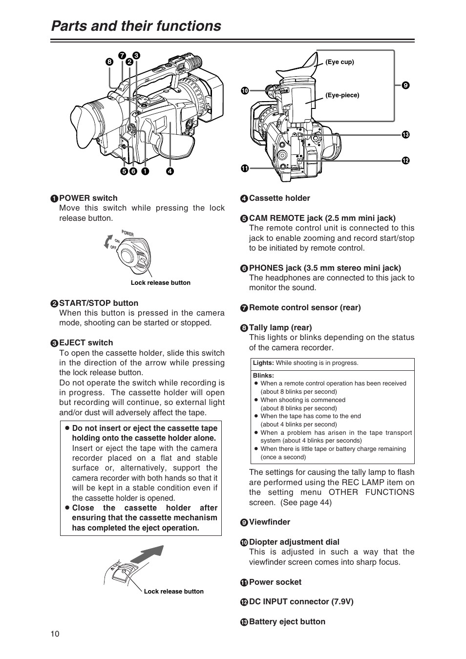 Parts and thier functions, Parts and their functions | Panasonic AG-DVC80 User Manual | Page 10 / 62