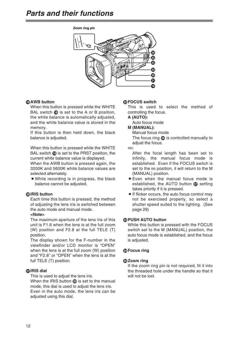 Parts and their functions | Panasonic AG-DVC80 User Manual | Page 12 / 62