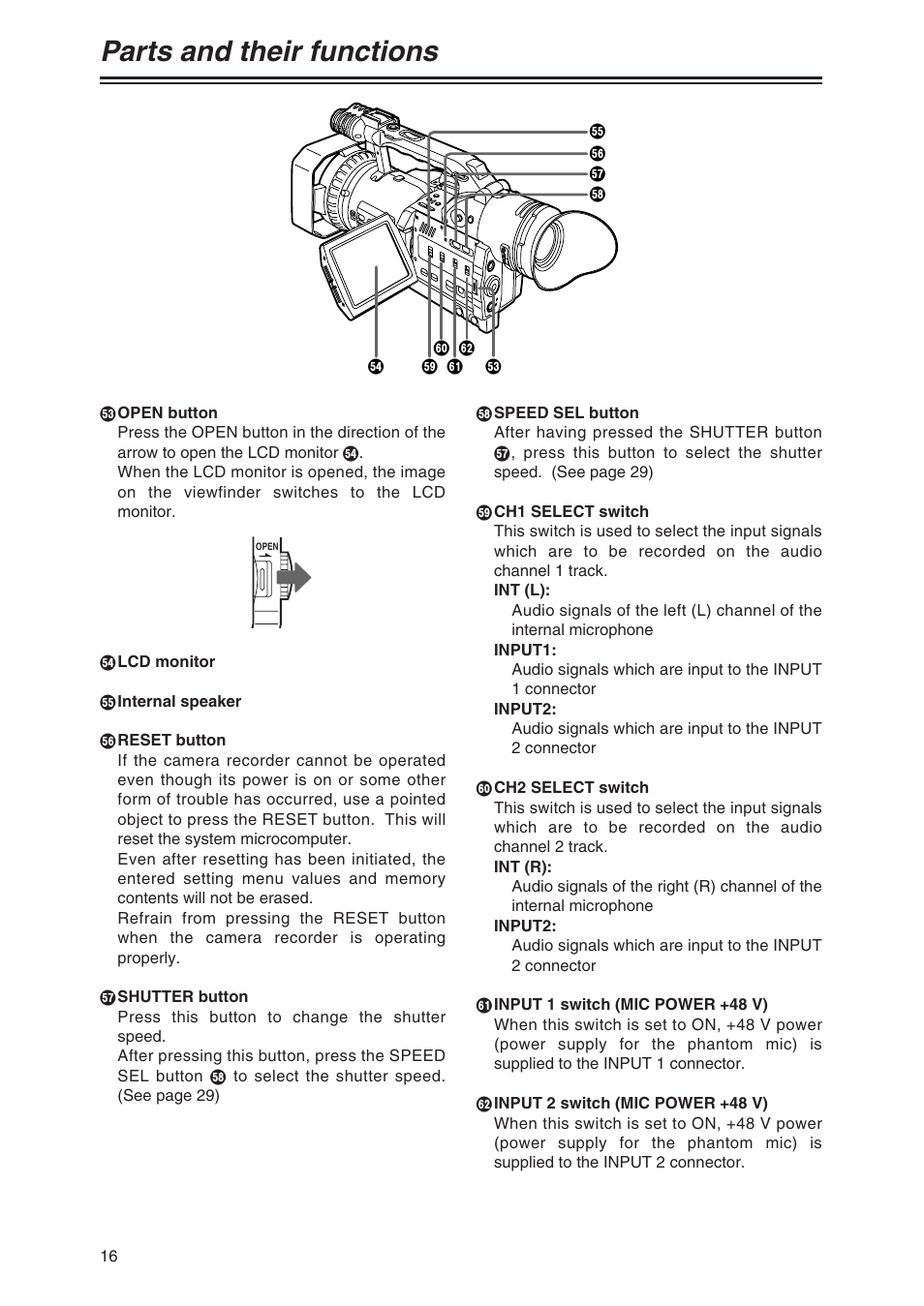 Parts and their functions | Panasonic AG-DVC80 User Manual | Page 16 / 62
