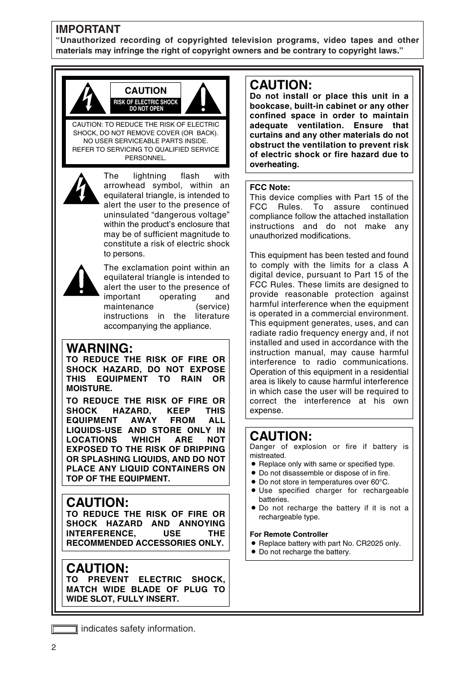 Caution, Warning, Important | Panasonic AG-DVC80 User Manual | Page 2 / 62