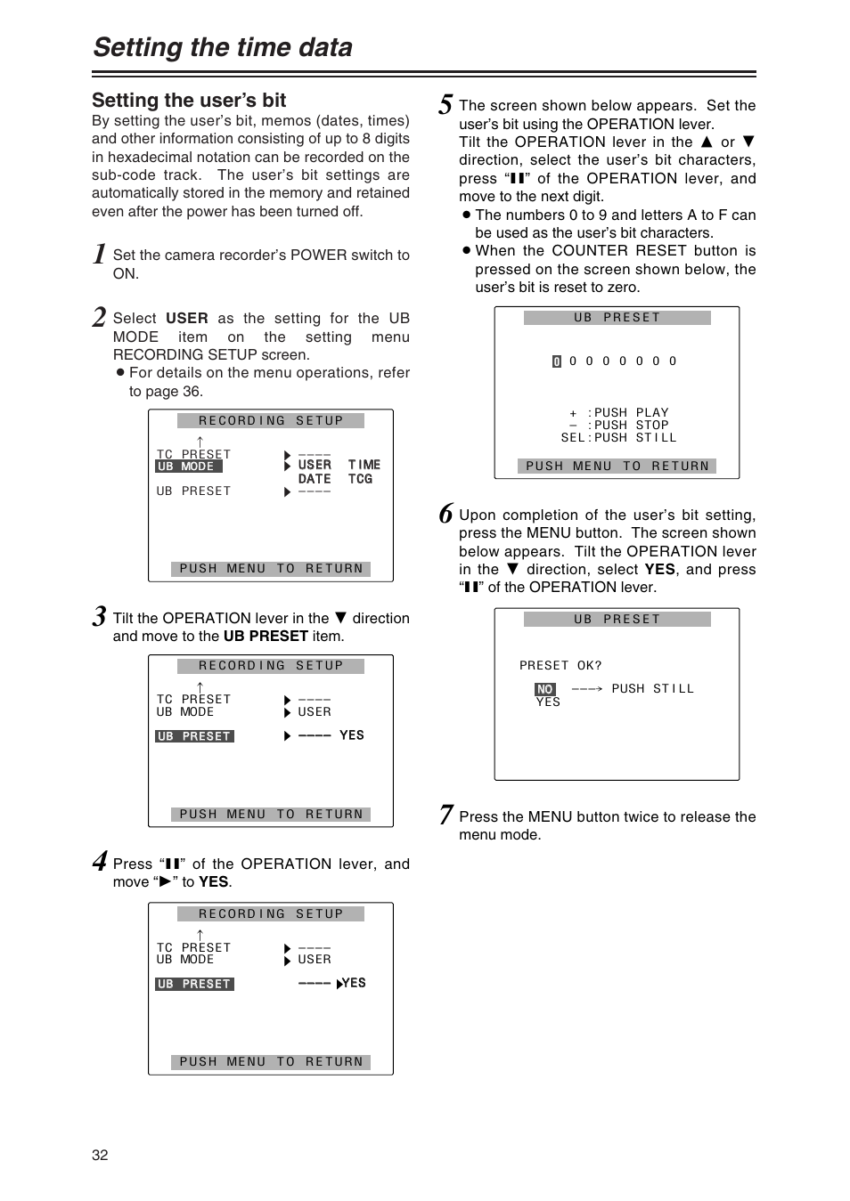 Setting the time data, Setting the user's bit, Setting the user’s bit | Panasonic AG-DVC80 User Manual | Page 32 / 62
