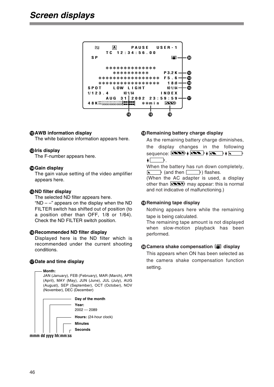 Screen displays | Panasonic AG-DVC80 User Manual | Page 46 / 62