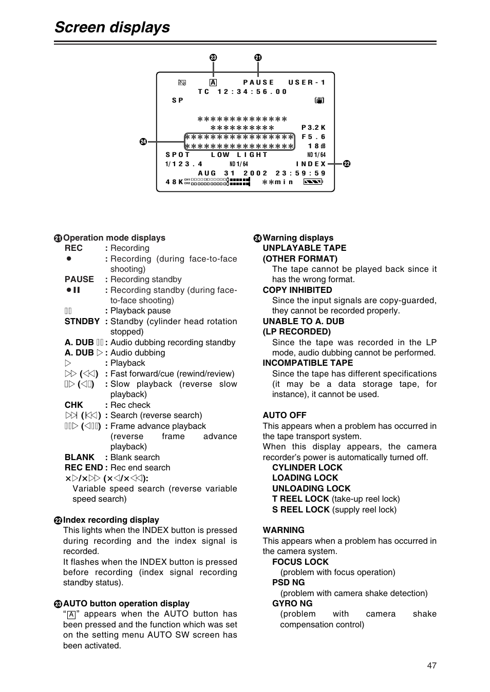 Screen displays | Panasonic AG-DVC80 User Manual | Page 47 / 62