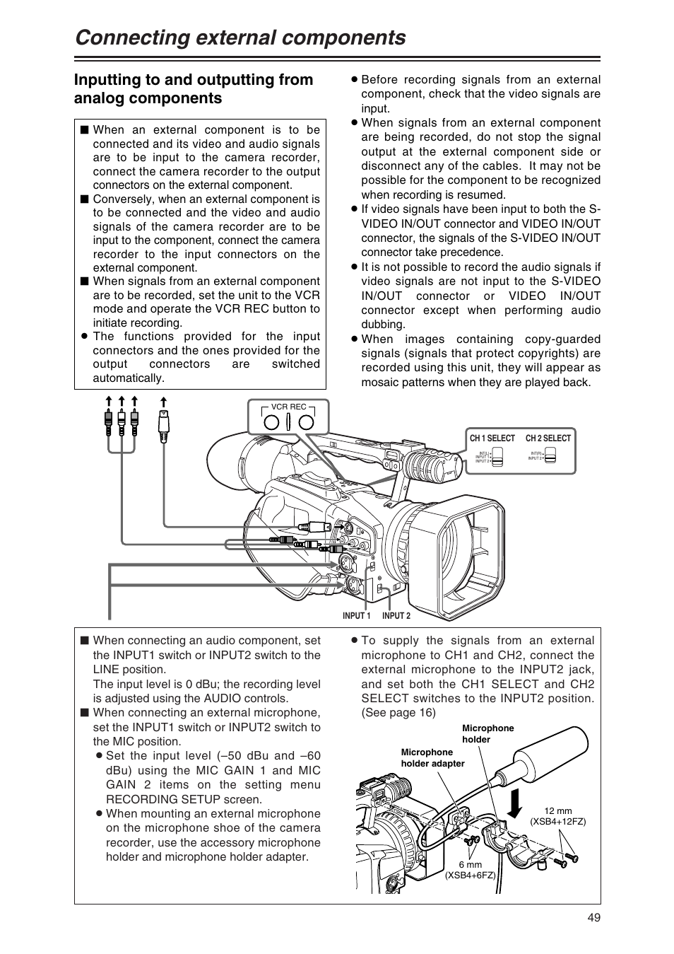 Connecting external components, Inputting to and outputting from analog components | Panasonic AG-DVC80 User Manual | Page 49 / 62