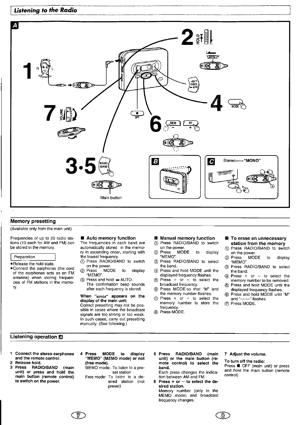 Memory presetting, 2 release hold, 7 adjust the volume | To turn off the radio, Listening to the radio | Panasonic RQ-SX50V User Manual | Page 4 / 6