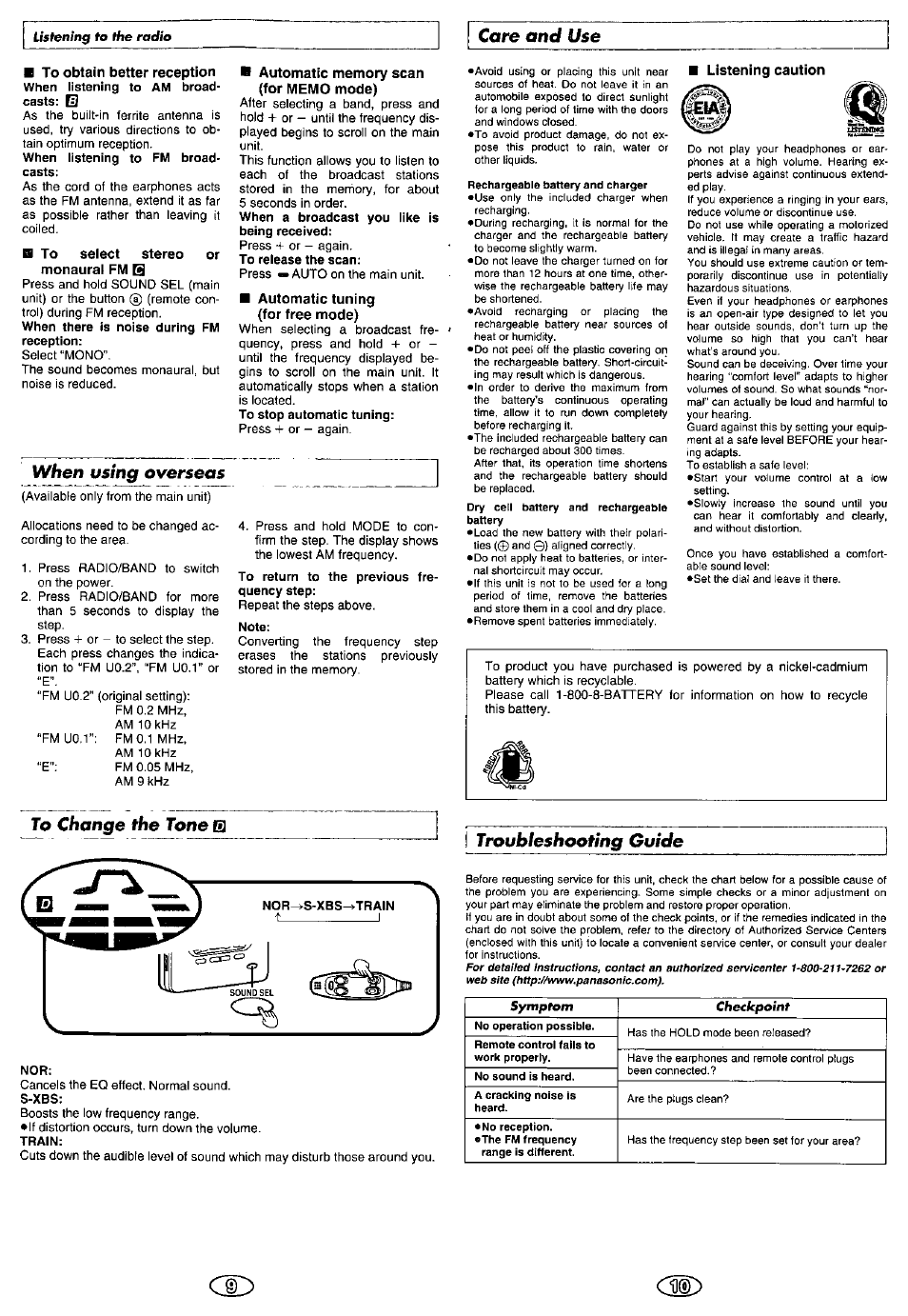 B to seiect stereo or monaural fm q, Automatic memory scan (for memo mode), B automatic tuning (for free mode) | Note, S-xbs, Train, Listening caution, Care and use, When using overseas, Troubleshooting guide | Panasonic RQ-SX50V User Manual | Page 5 / 6