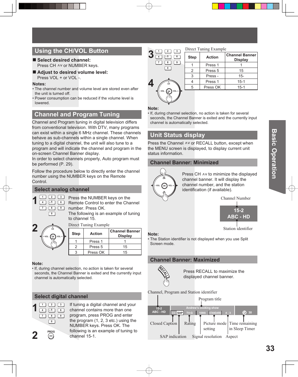 Basic operation, Channel and program tuning, Unit status display | Using the ch/ vol button, Select analog channel select digital channel, Channel banner: minimized, Channel banner: maximized, 2 abc - hd | Panasonic PT-52LCX15 User Manual | Page 33 / 80