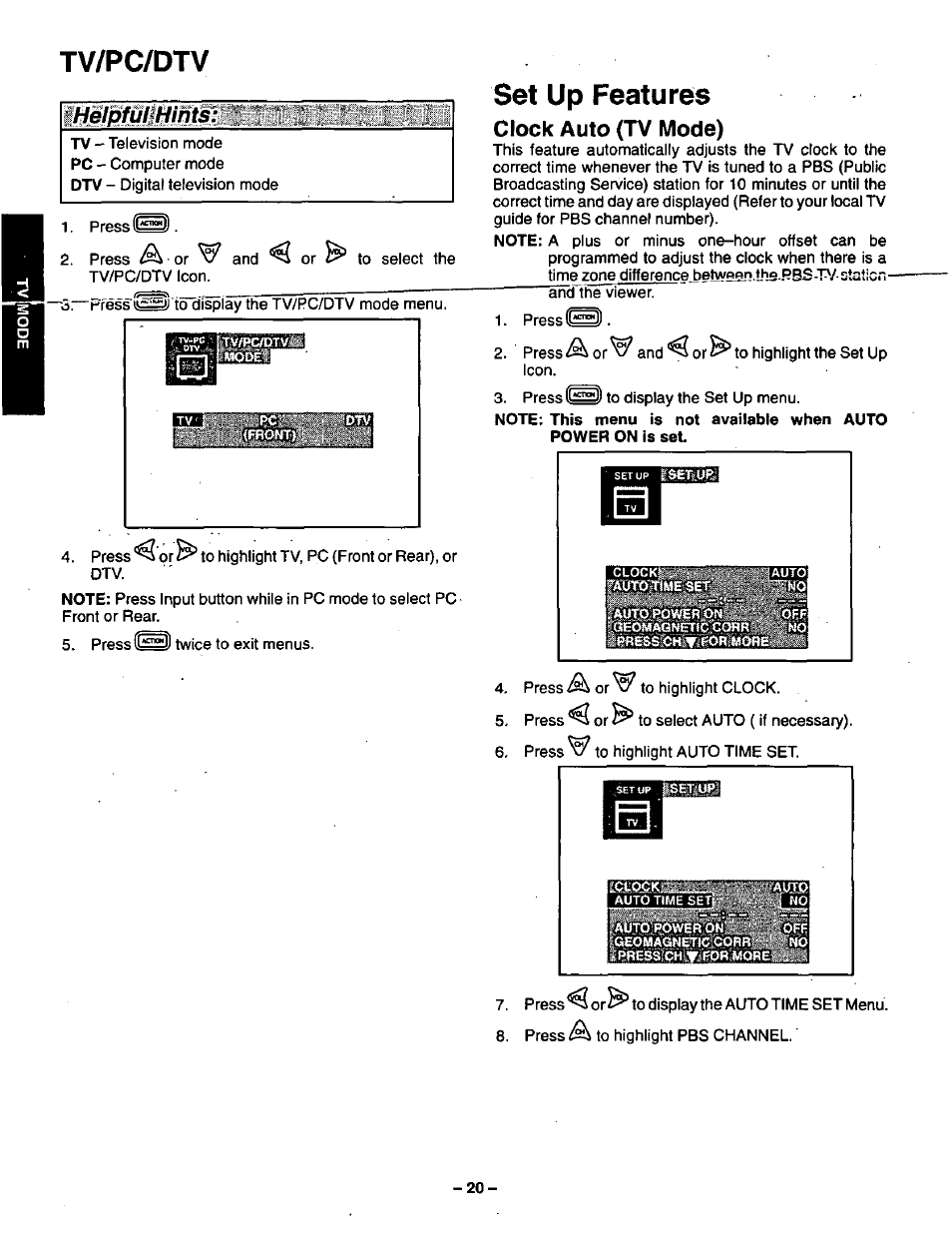 Tv/pc/dtv, Clock auto (tv mode), Set up features | Panasonic CT-36VG50 User Manual | Page 21 / 55