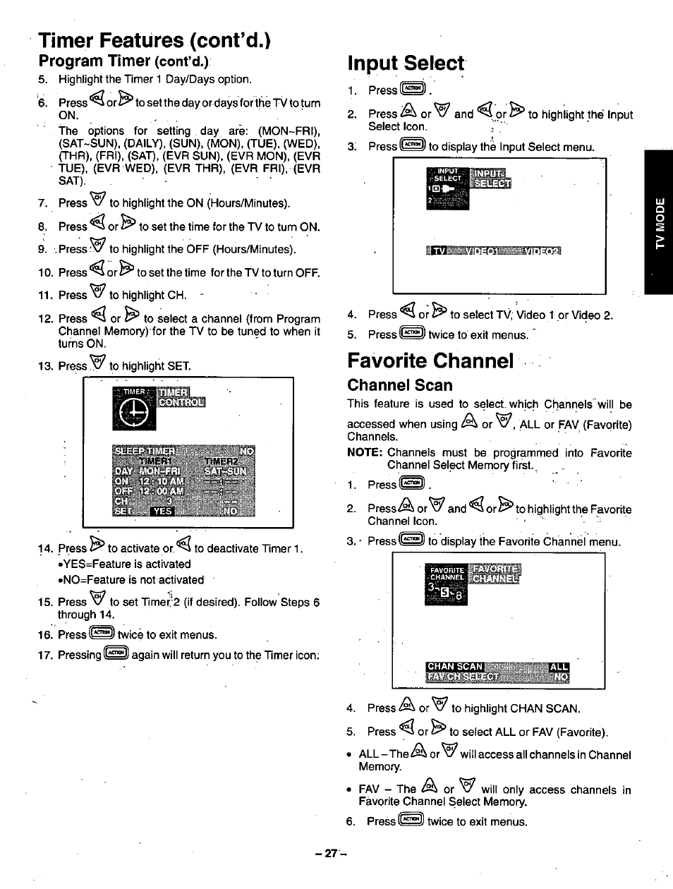Timer features (cont’d.), Program timer (cont’d.), Input select | Favorite channel, Channel scan, Timer features (cont’d.) program timer (cont’d.), Favorite channel channel scan | Panasonic CT-36VG50 User Manual | Page 28 / 55