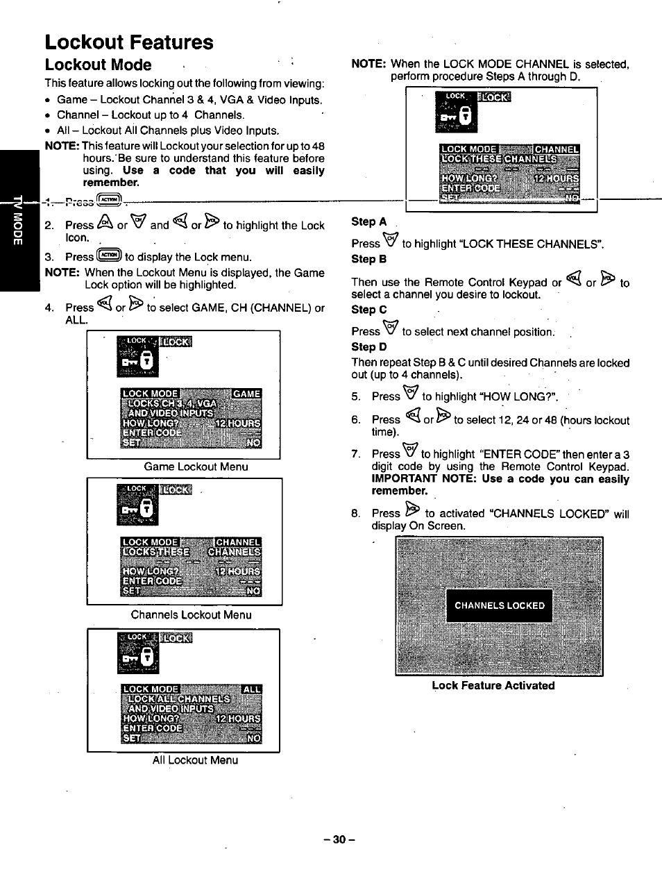 Lockout features, Lockout mode, Lockout features lockout mode | Panasonic CT-36VG50 User Manual | Page 31 / 55