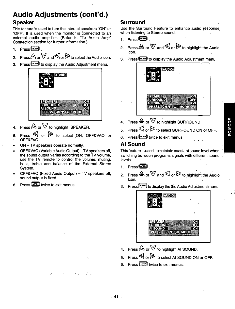 Audio adjustments (cont’d.), Speaker, Surround | Al sound, Speaker surround al sound, Audio adjustments (cont’d.) speaker | Panasonic CT-36VG50 User Manual | Page 42 / 55