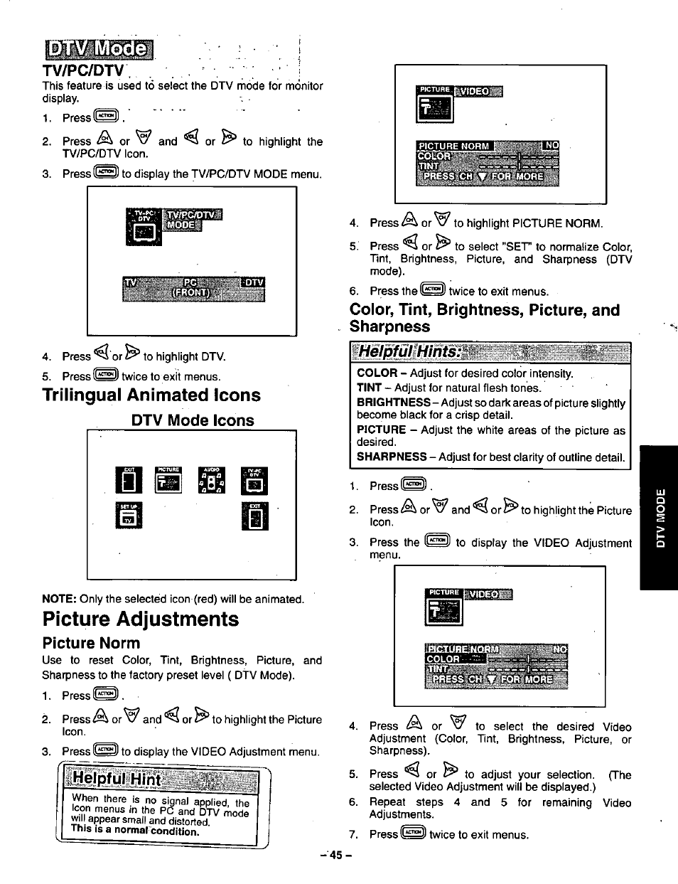 Tv/pc/dtv, Dtv mode icons, Picture adjustments | Picture norm, Color, tint, brightness, picture, and sharpness, Picture adjustments picture norm | Panasonic CT-36VG50 User Manual | Page 46 / 55