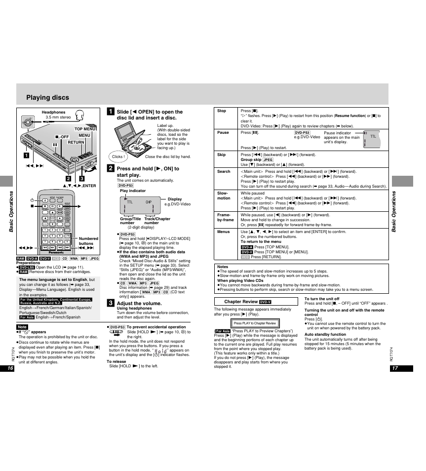Playing discs, Chg í, Basic operations 16 | Basic operations, Press and hold [ 1 , on] to start play, Adjust the volume | Panasonic DVD-PS3 User Manual | Page 10 / 22