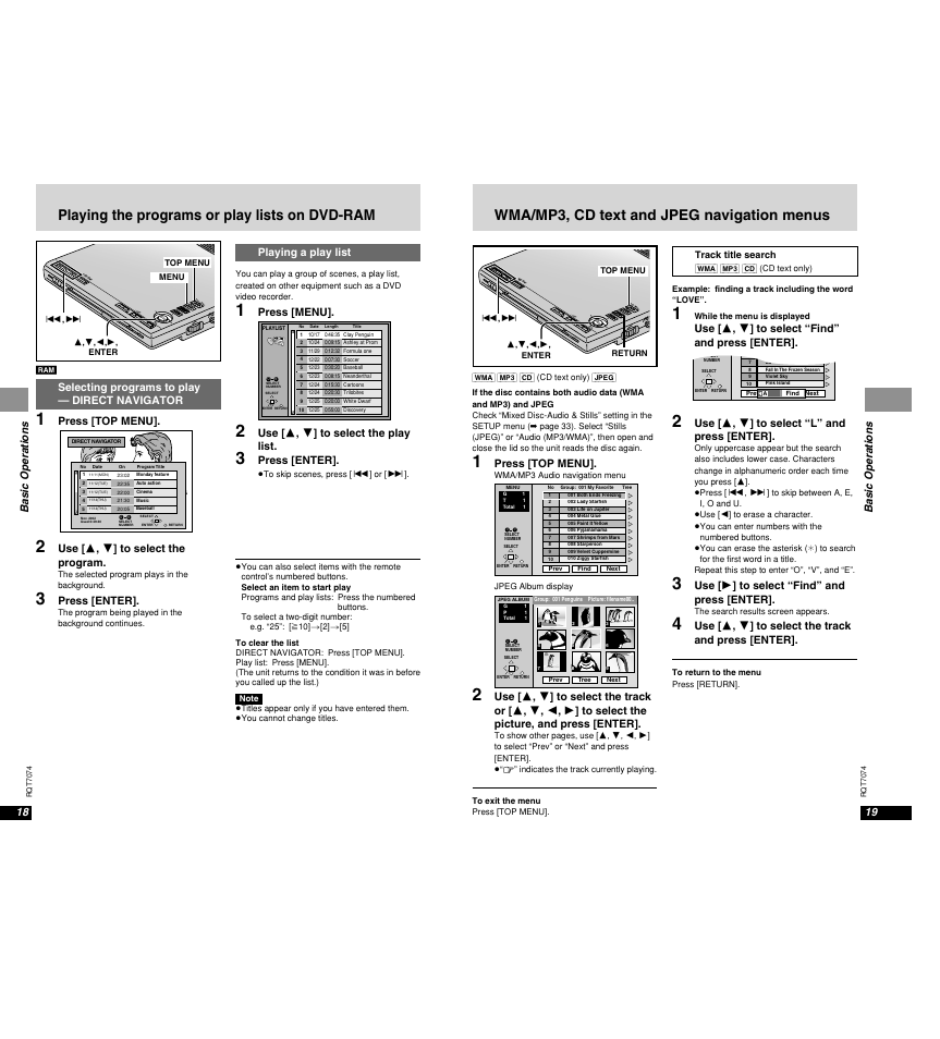 Wma/mp3, cd text and jpeg navigation menus, Playing the programs or play lists on dvd-ram, Chg í | Basic operations 18, Basic operations, Use [ 3 , 4 ] to select the play list, Press [enter, Use [ 3 , 4 ] to select the program, Playing a play list, Press [menu | Panasonic DVD-PS3 User Manual | Page 11 / 22